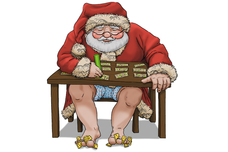 The dominoes can reappear for the public (Dominican Republic) but Santa keeps them between his toes while he dominates the game of bingo.